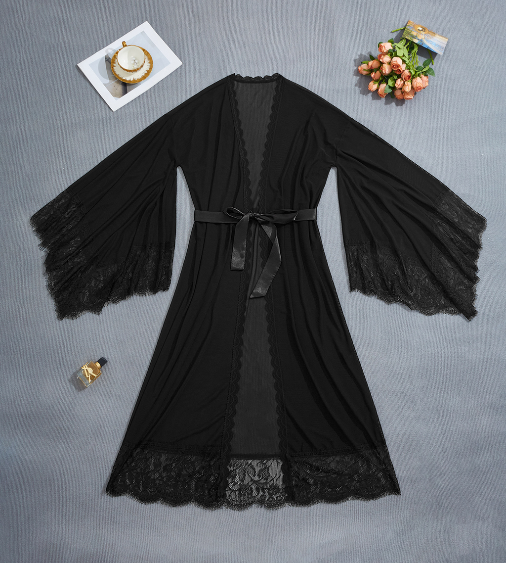 Sheer Mesh Nightgown With Satin Sash Belt - Black - 1