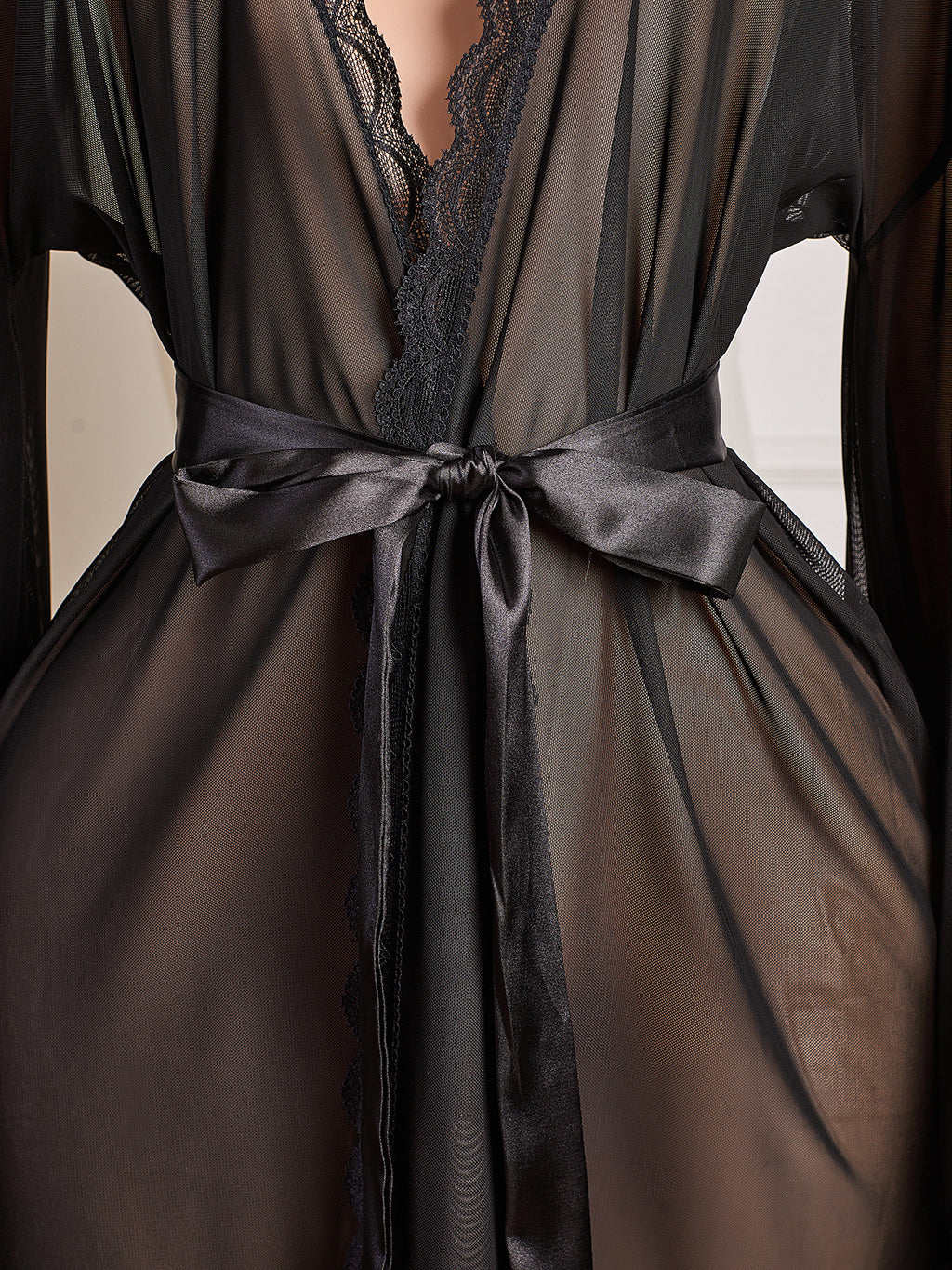 Sheer Mesh Nightgown With Satin Sash Belt - Black - 3