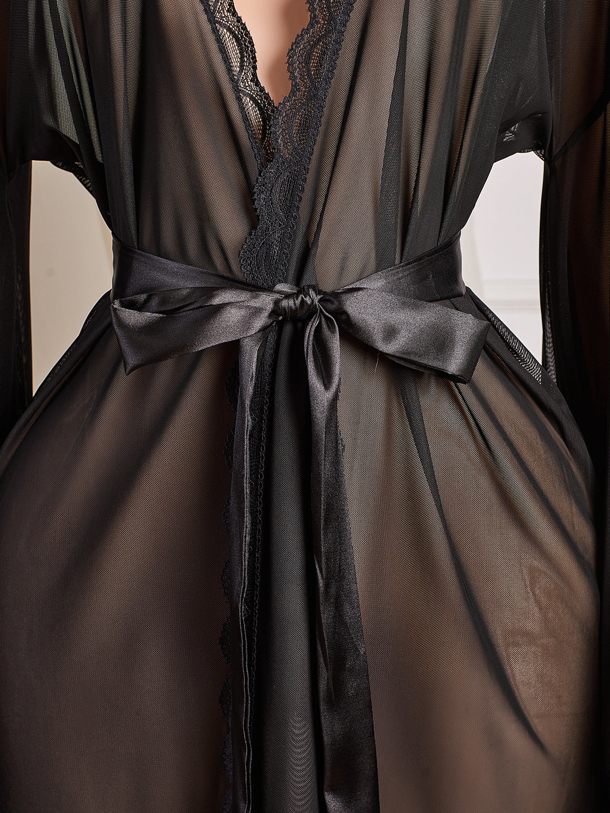 Sheer Mesh Nightgown With Satin Sash Belt - Black - 3