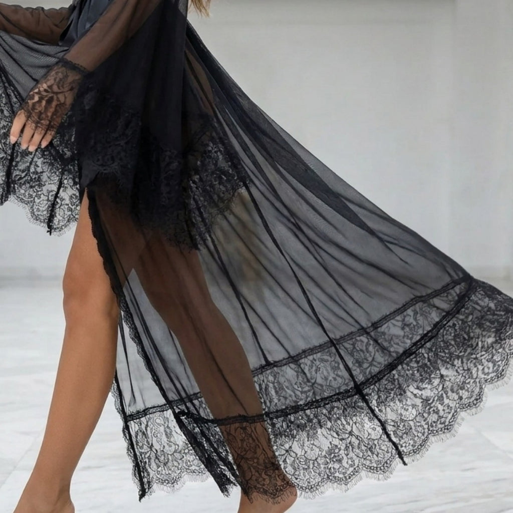Sheer Mesh Nightgown With Satin Sash Belt - Black - 5