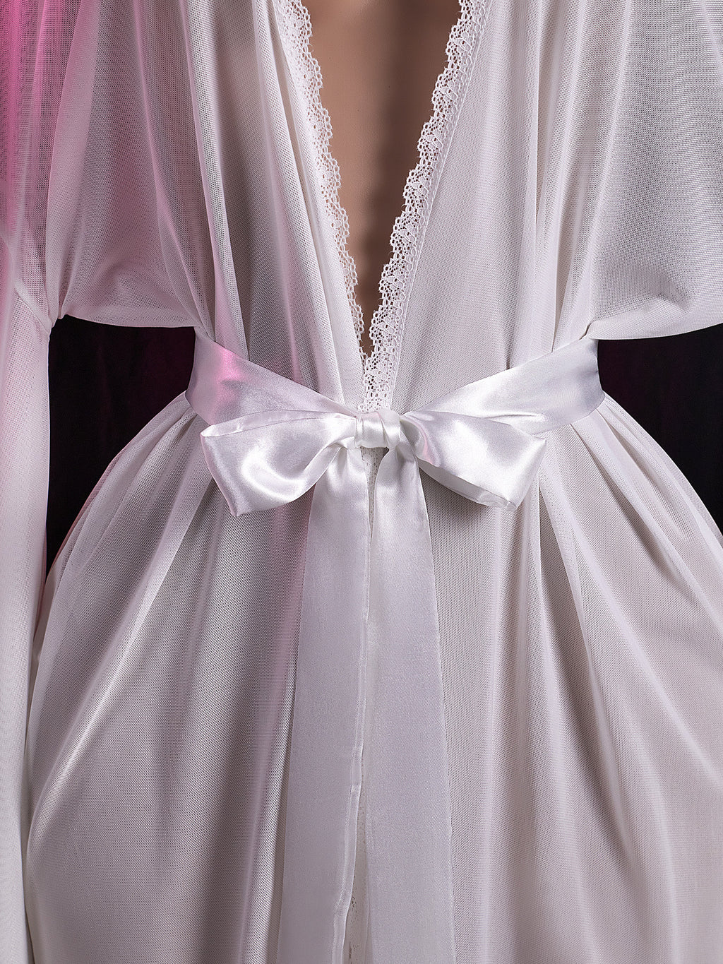 Sheer Mesh Nightgown With Satin Sash Belt - White - 3