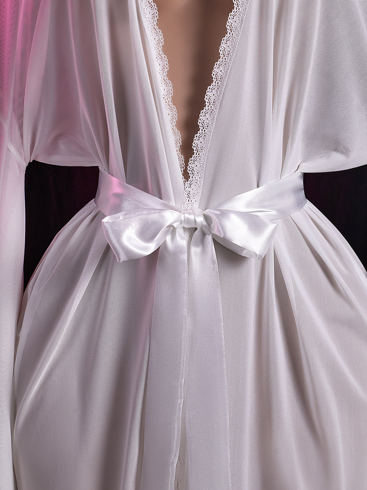 Sheer Mesh Nightgown With Satin Sash Belt - White - 3