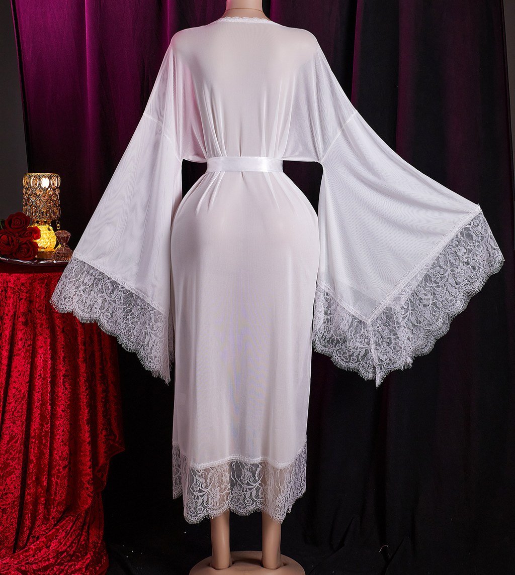 Sheer Mesh Nightgown With Satin Sash Belt - White - 4