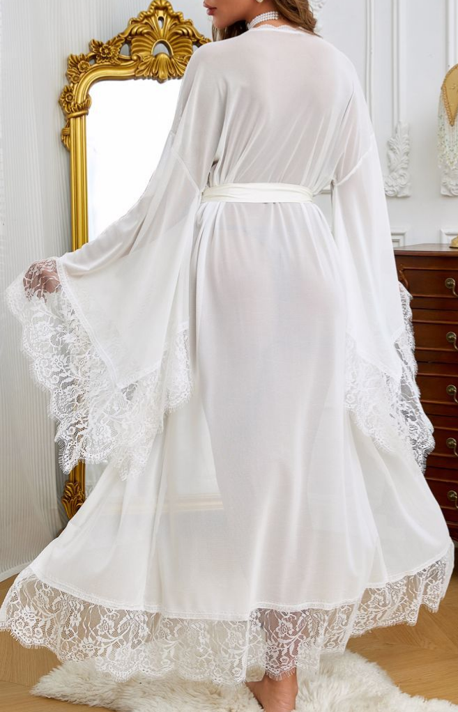 Sheer Mesh Nightgown With Satin Sash Belt - White - 7