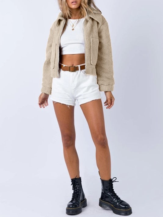 Cropped Sherpa Zip Front Teddy Jacket - Apricot