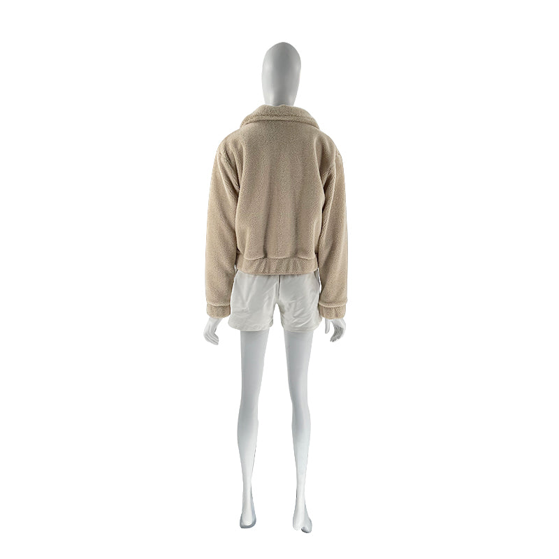 Cropped Sherpa Zip Front Teddy Jacket - Apricot - 10