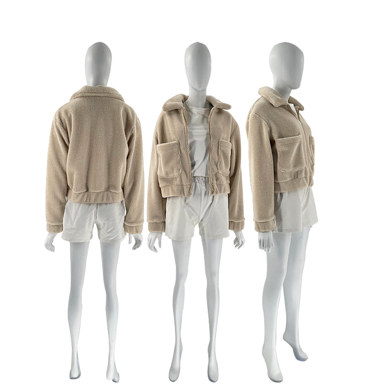 Cropped Sherpa Zip Front Teddy Jacket - Apricot - 11