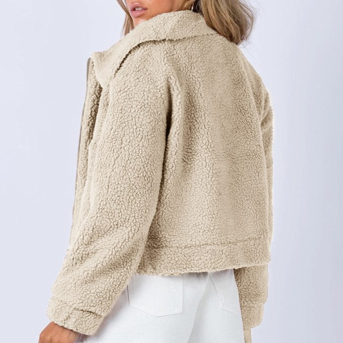 Cropped Sherpa Zip Front Teddy Jacket - Apricot - 2
