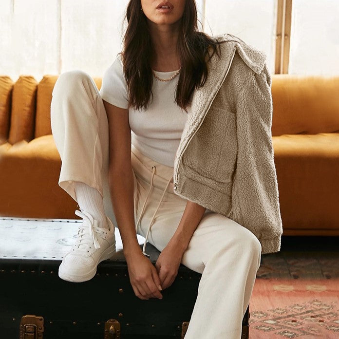 Cropped Sherpa Zip Front Teddy Jacket - Apricot - 3