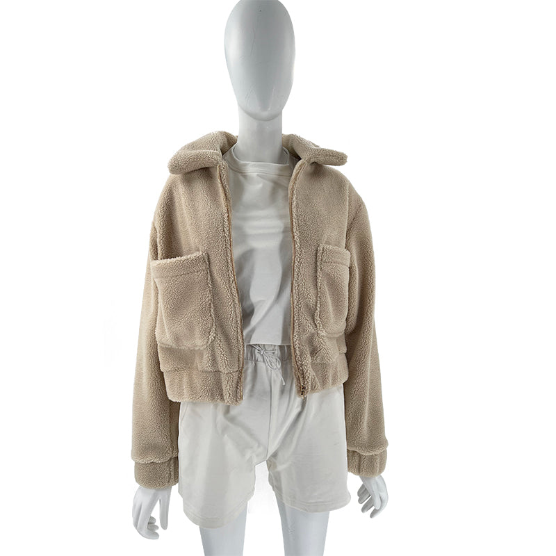 Cropped Sherpa Zip Front Teddy Jacket - Apricot - 4