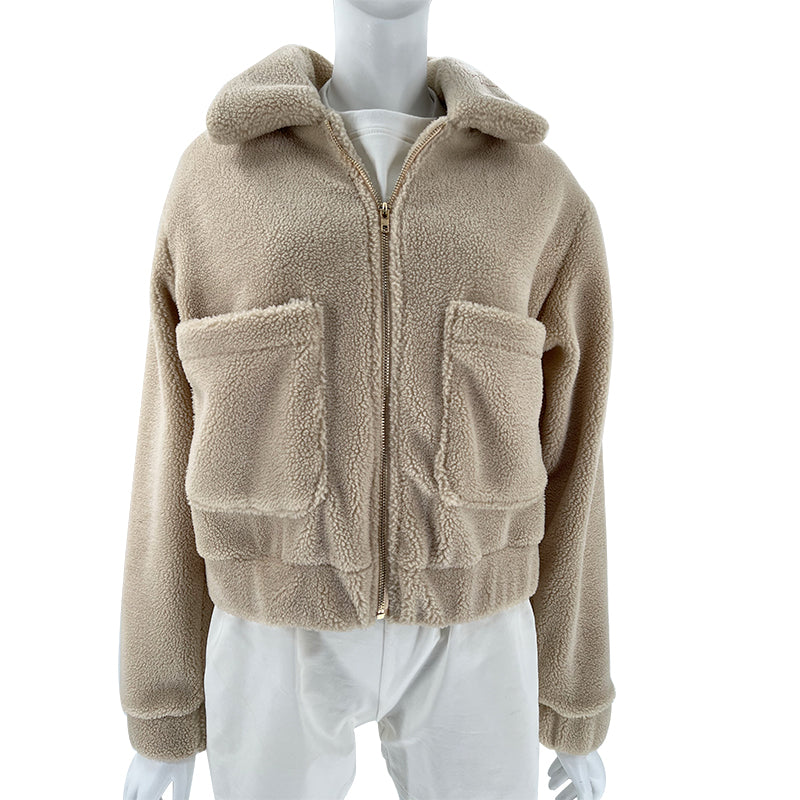 Cropped Sherpa Zip Front Teddy Jacket - Apricot - 5