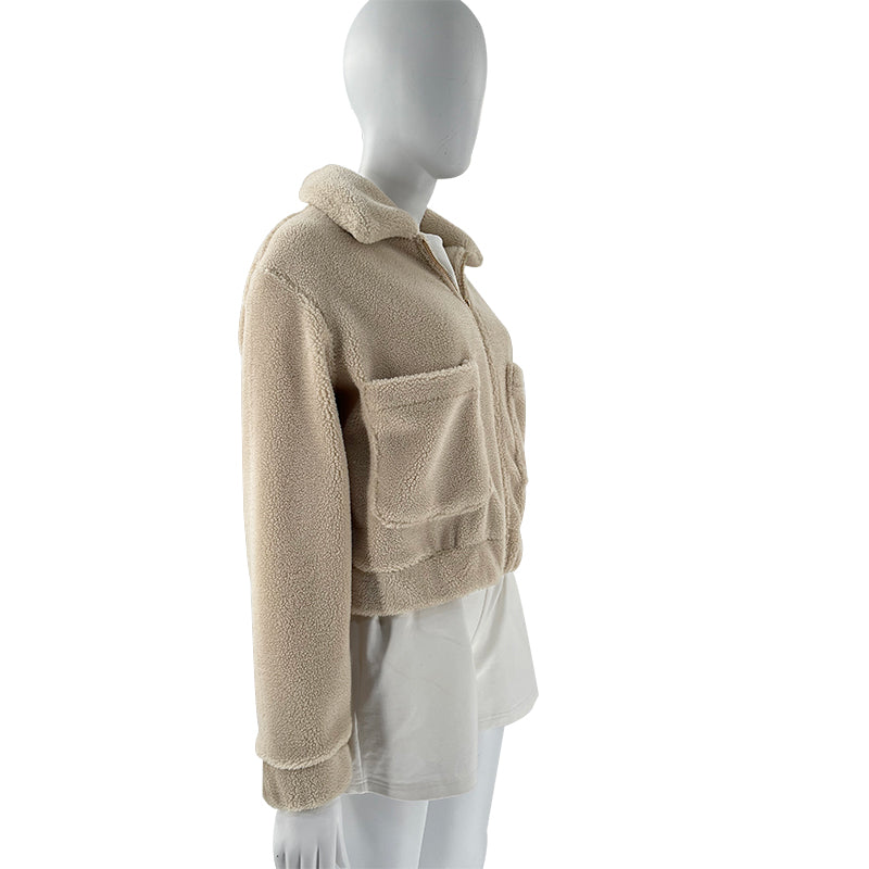 Cropped Sherpa Zip Front Teddy Jacket - Apricot - 6