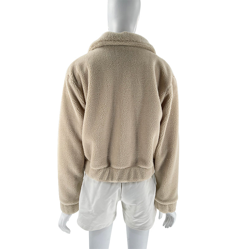 Cropped Sherpa Zip Front Teddy Jacket - Apricot - 7