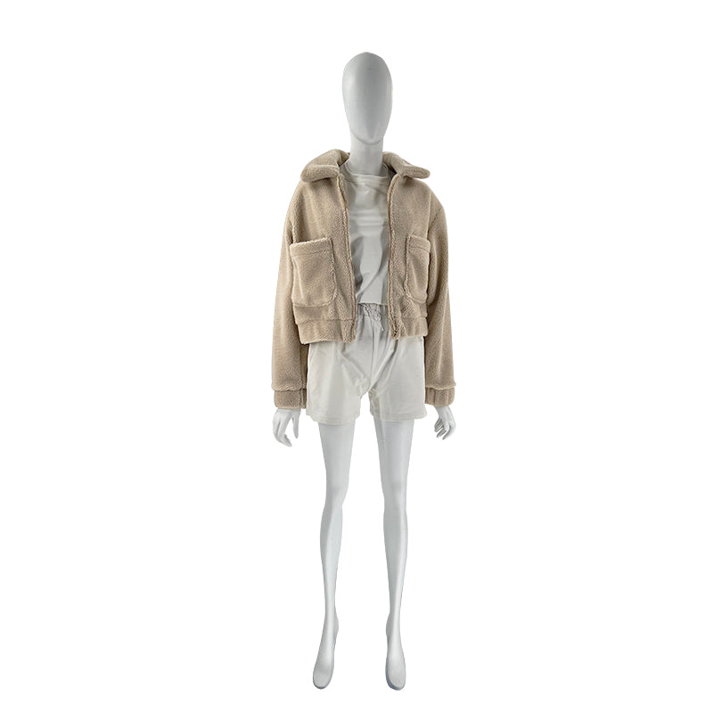Cropped Sherpa Zip Front Teddy Jacket - Apricot - 8