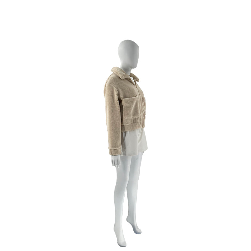 Cropped Sherpa Zip Front Teddy Jacket - Apricot - 9