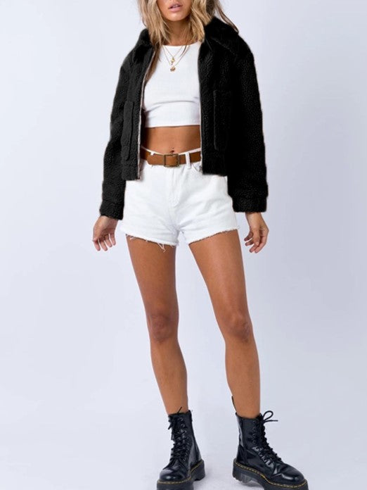 Cropped Sherpa Zip Front Teddy Jacket - Black - 1