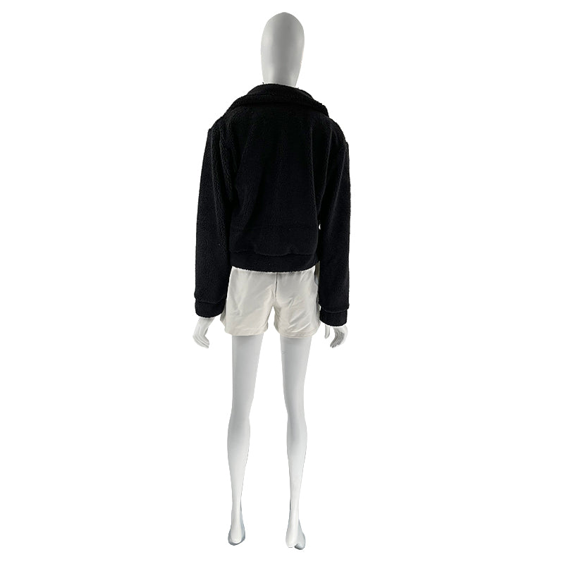 Cropped Sherpa Zip Front Teddy Jacket - Black - 10