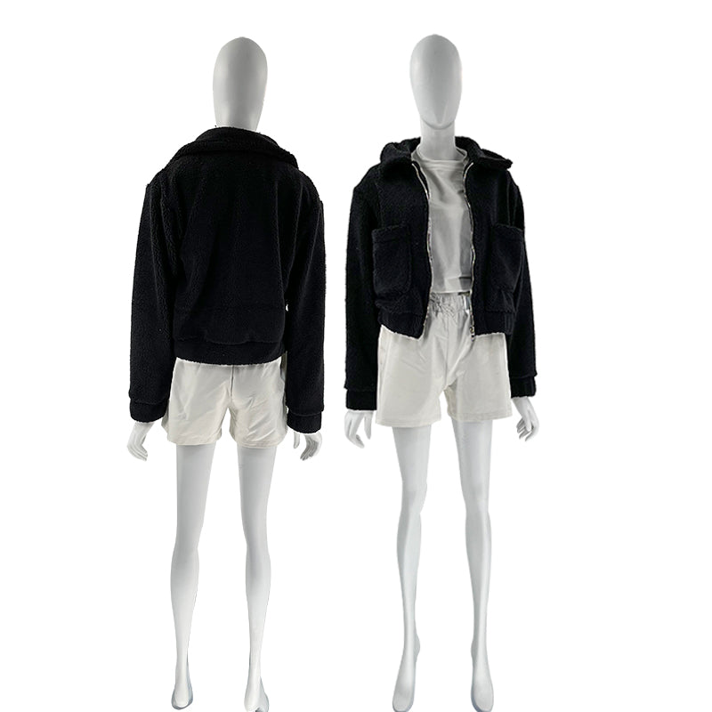 Cropped Sherpa Zip Front Teddy Jacket - Black - 11