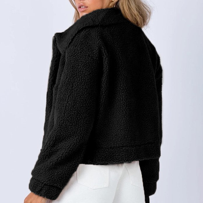 Cropped Sherpa Zip Front Teddy Jacket - Black - 3