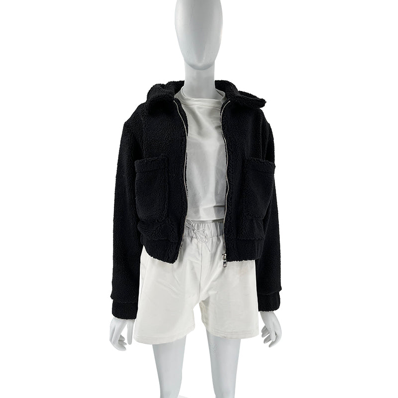 Cropped Sherpa Zip Front Teddy Jacket - Black - 5