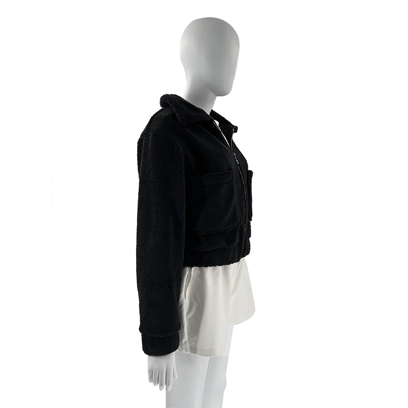 Cropped Sherpa Zip Front Teddy Jacket - Black - 6
