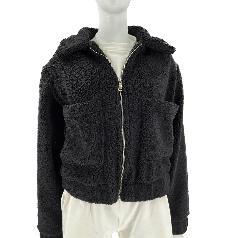 Cropped Sherpa Zip Front Teddy Jacket - Black - 7