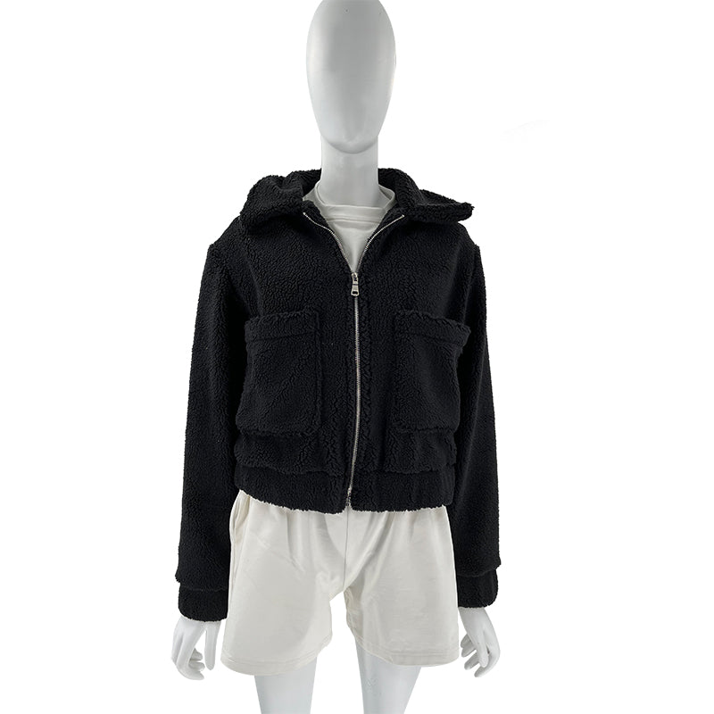 Cropped Sherpa Zip Front Teddy Jacket - Black - 8