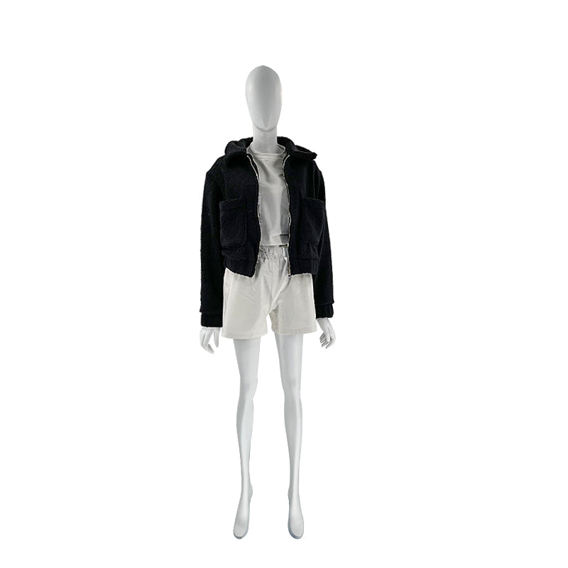 Cropped Sherpa Zip Front Teddy Jacket - Black - 9