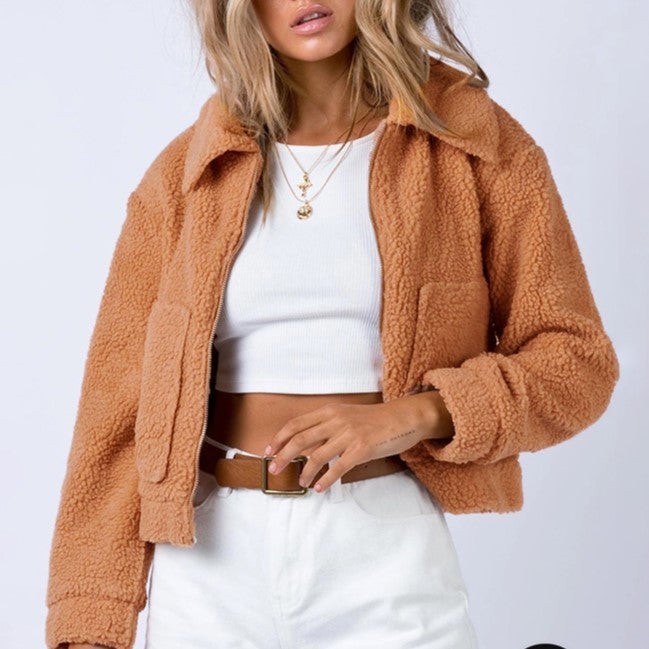 Cropped Sherpa Zip Front Teddy Jacket - Camel