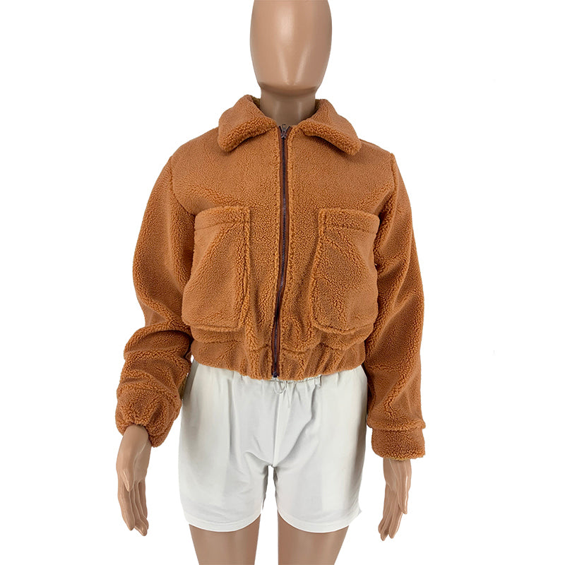 Cropped Sherpa Zip Front Teddy Jacket - Camel - 1
