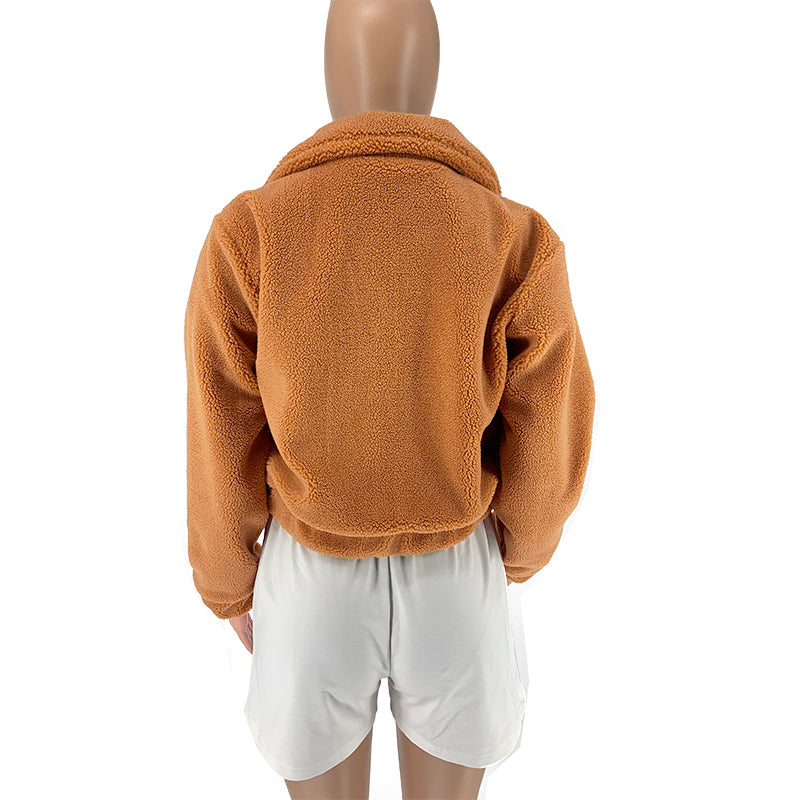 Cropped Sherpa Zip Front Teddy Jacket - Camel - 10
