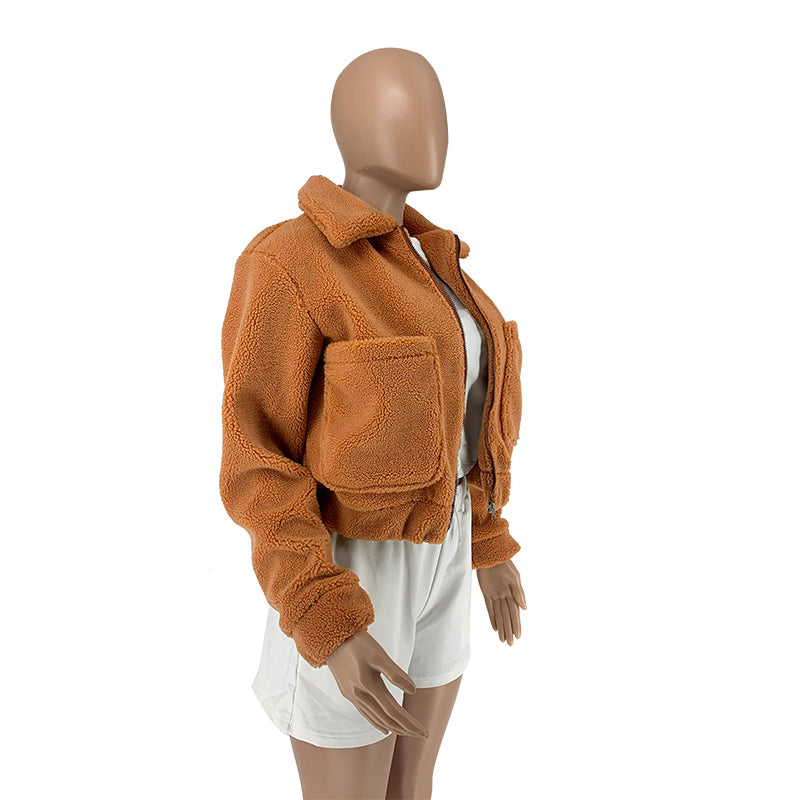 Cropped Sherpa Zip Front Teddy Jacket - Camel - 11
