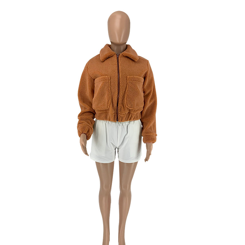 Cropped Sherpa Zip Front Teddy Jacket - Camel - 12