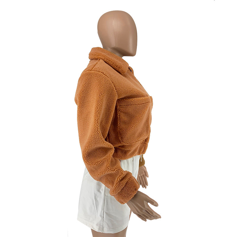 Cropped Sherpa Zip Front Teddy Jacket - Camel - 3