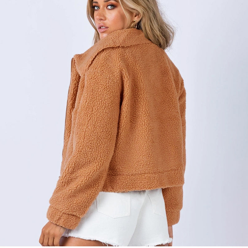 Cropped Sherpa Zip Front Teddy Jacket - Camel - 4