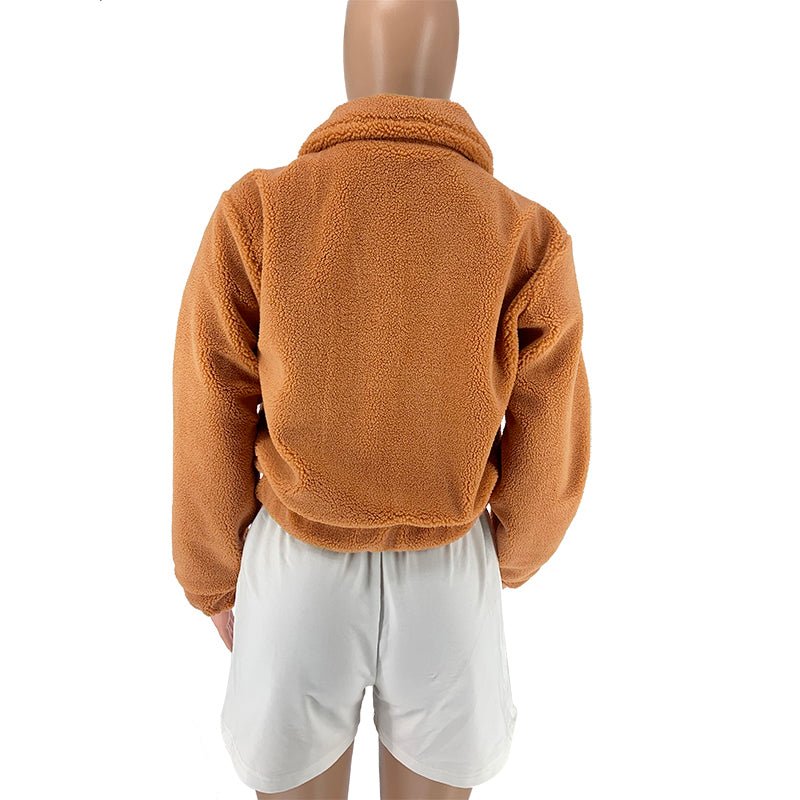 Cropped Sherpa Zip Front Teddy Jacket - Camel - 5