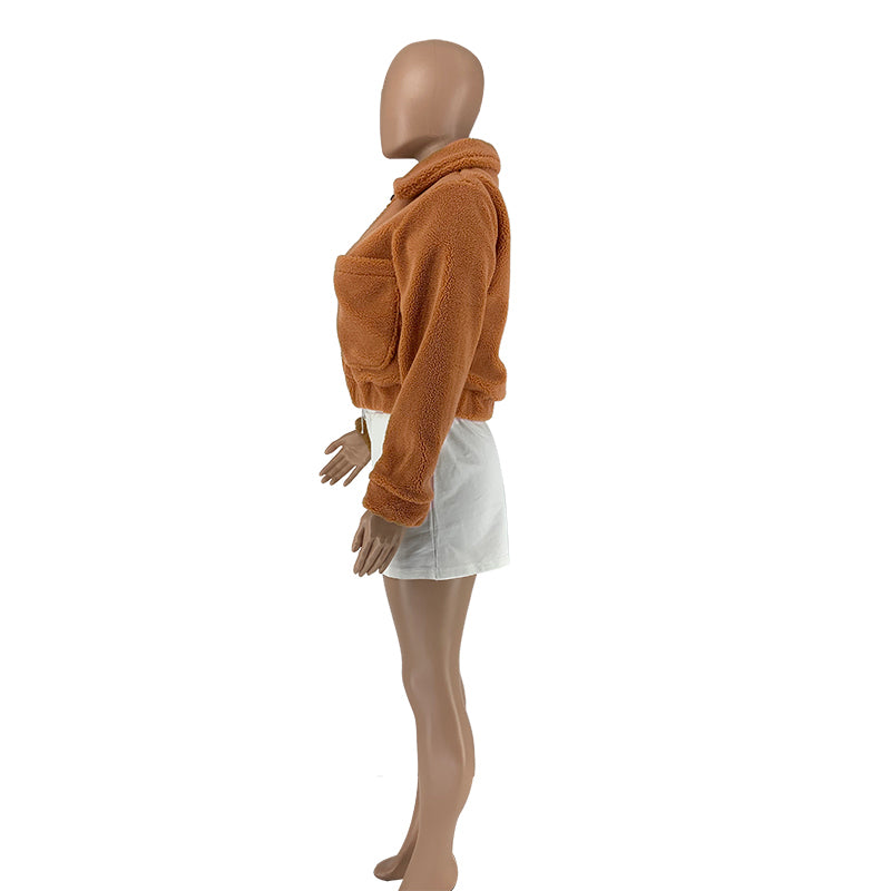 Cropped Sherpa Zip Front Teddy Jacket - Camel - 6
