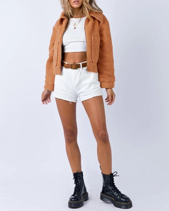 Cropped Sherpa Zip Front Teddy Jacket - Camel - 7