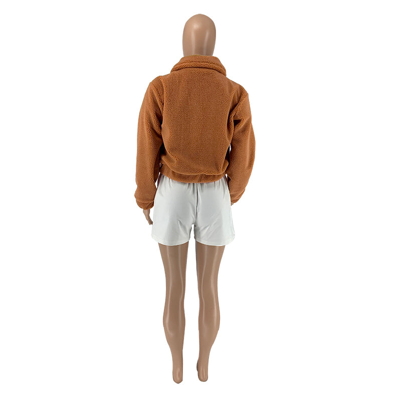 Cropped Sherpa Zip Front Teddy Jacket - Camel - 8