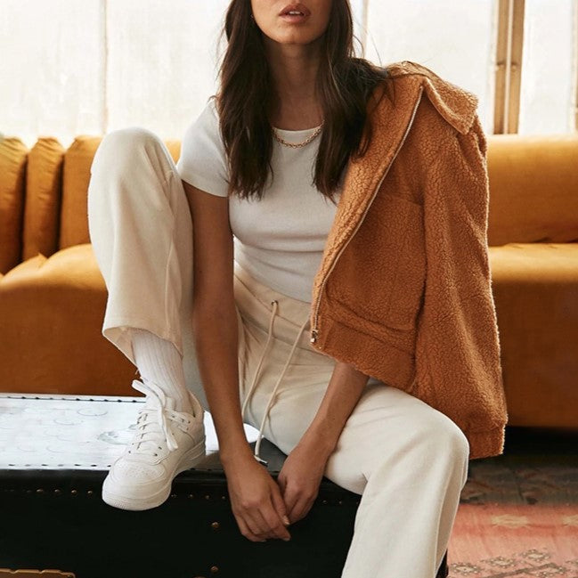 Cropped Sherpa Zip Front Teddy Jacket - Camel - 9