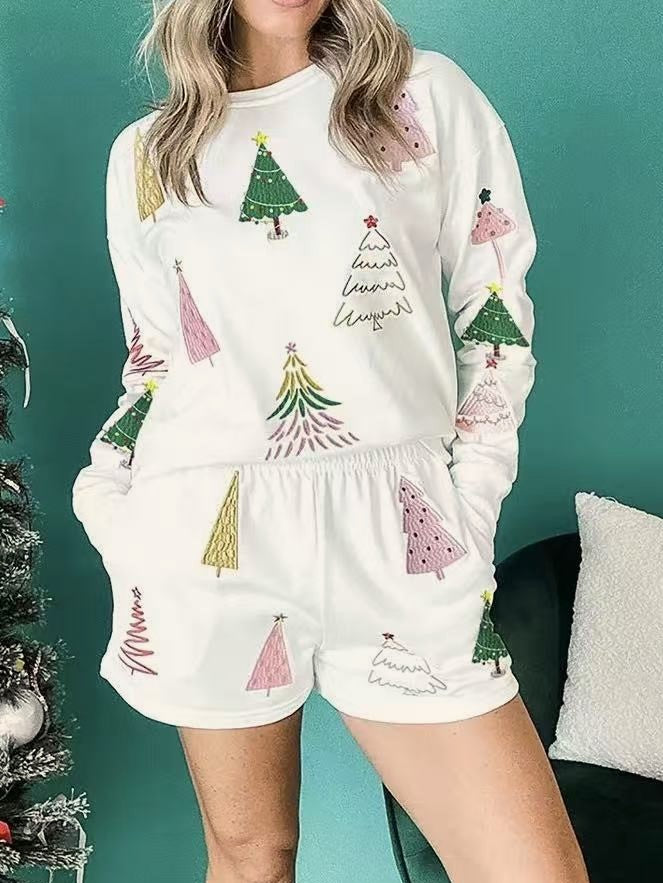 Holiday Tree Graphic Sweatshirt and Shorts Set - White