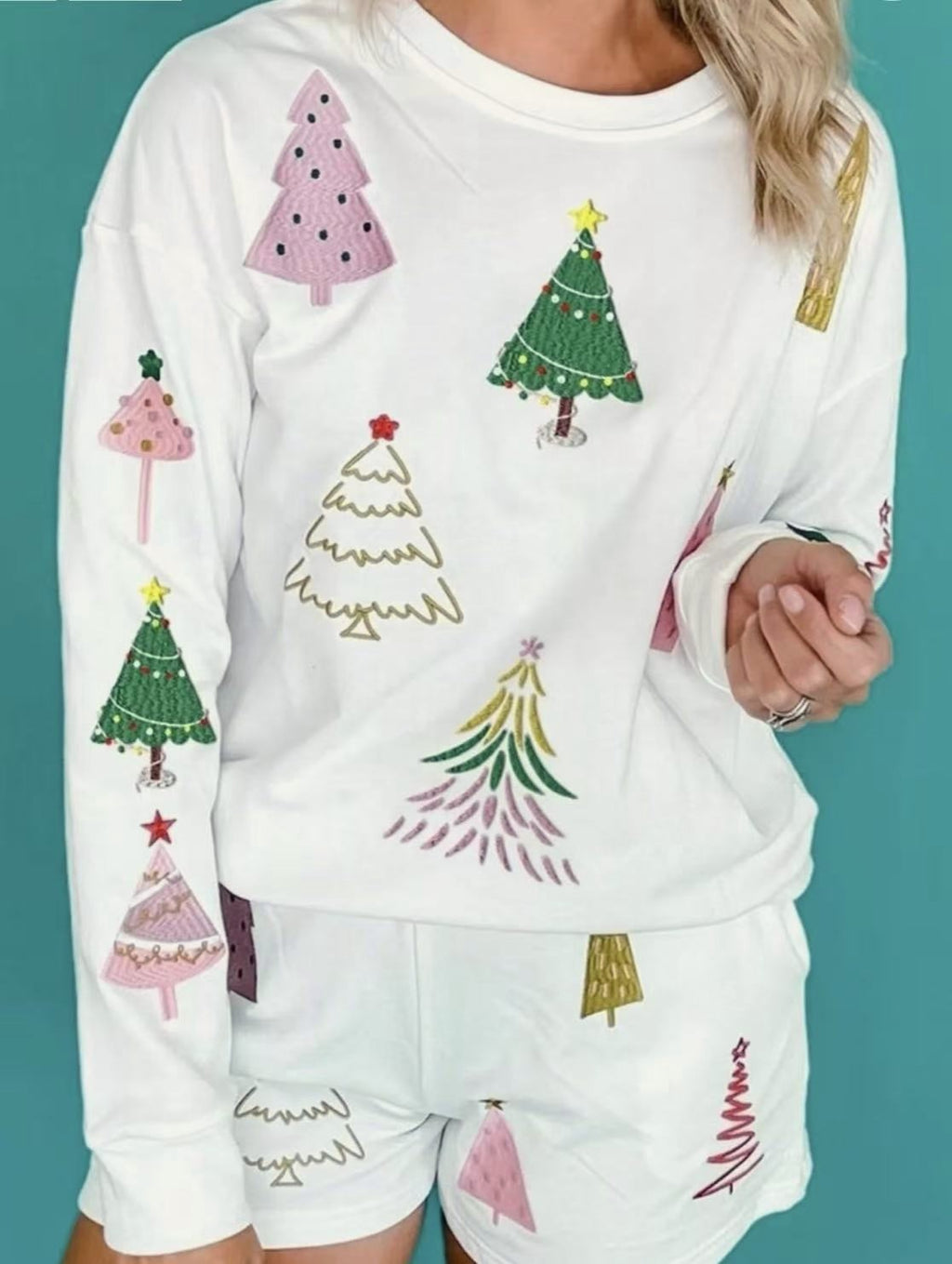 Holiday Tree Graphic Sweatshirt and Shorts Set - White - 1