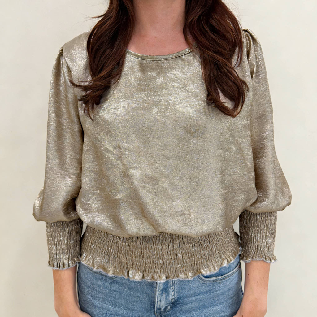Metallic Shimmer Smocked Waist Blouson Blouse - Golden