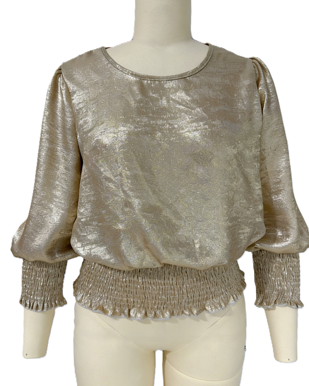 Metallic Shimmer Smocked Waist Blouson Blouse - Golden - 1