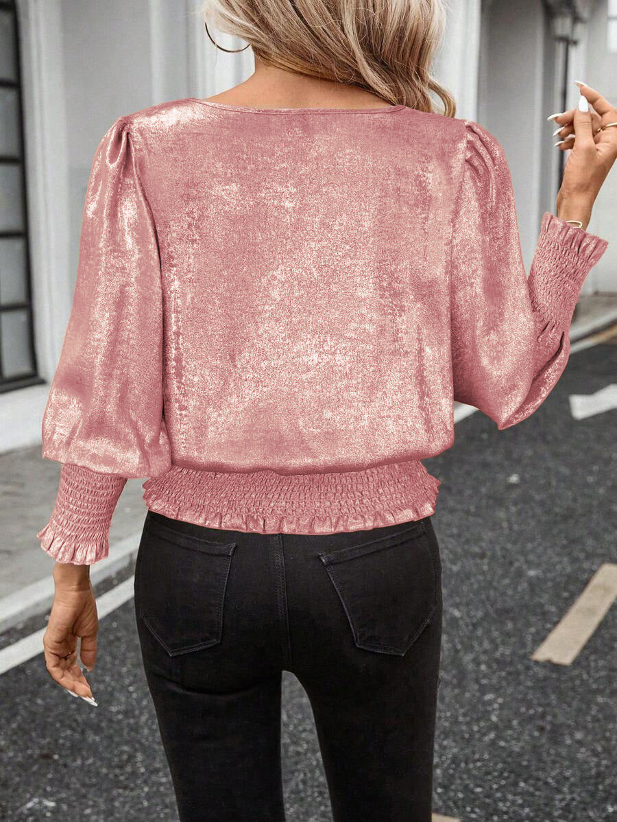 Metallic Shimmer Smocked Waist Blouson Blouse - Pink - 2