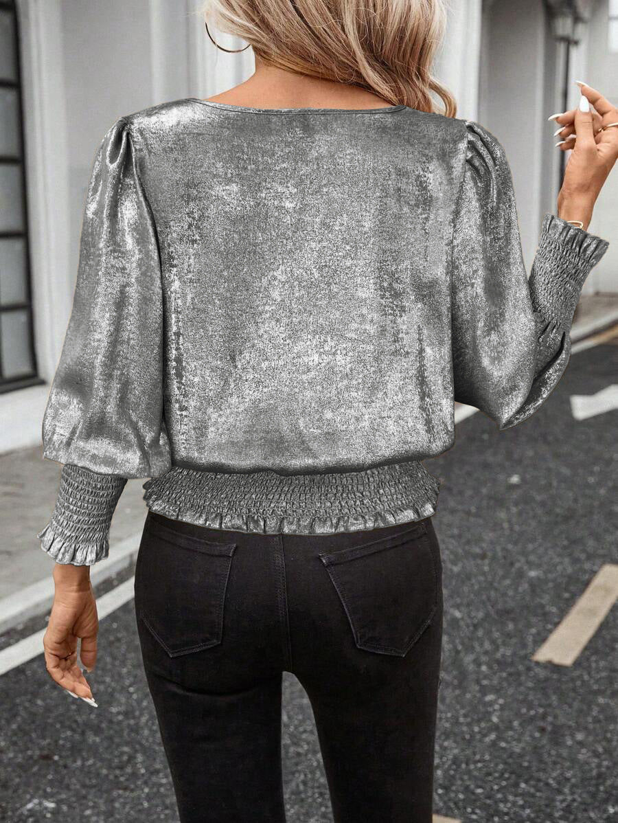 Metallic Shimmer Smocked Waist Blouson Blouse - Silvery - 1