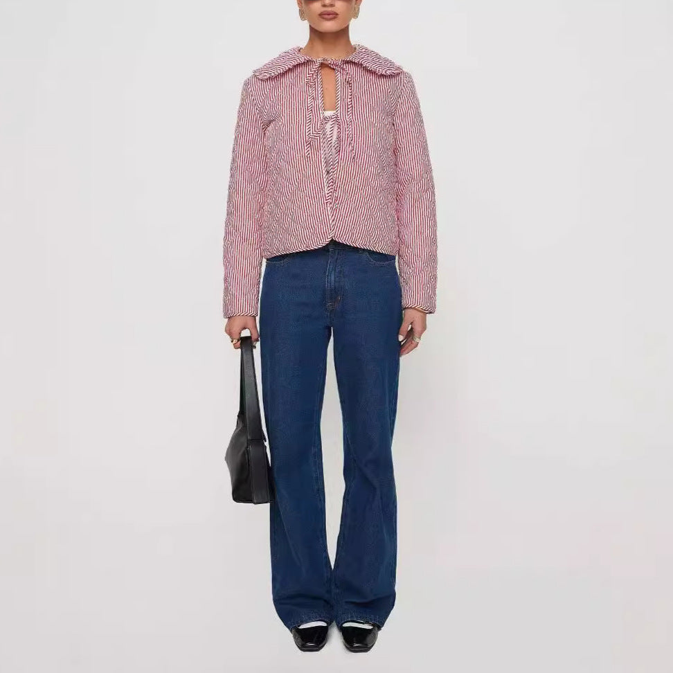 Quilted Stripe Oversized Collar Cropped Jacket - Pink
