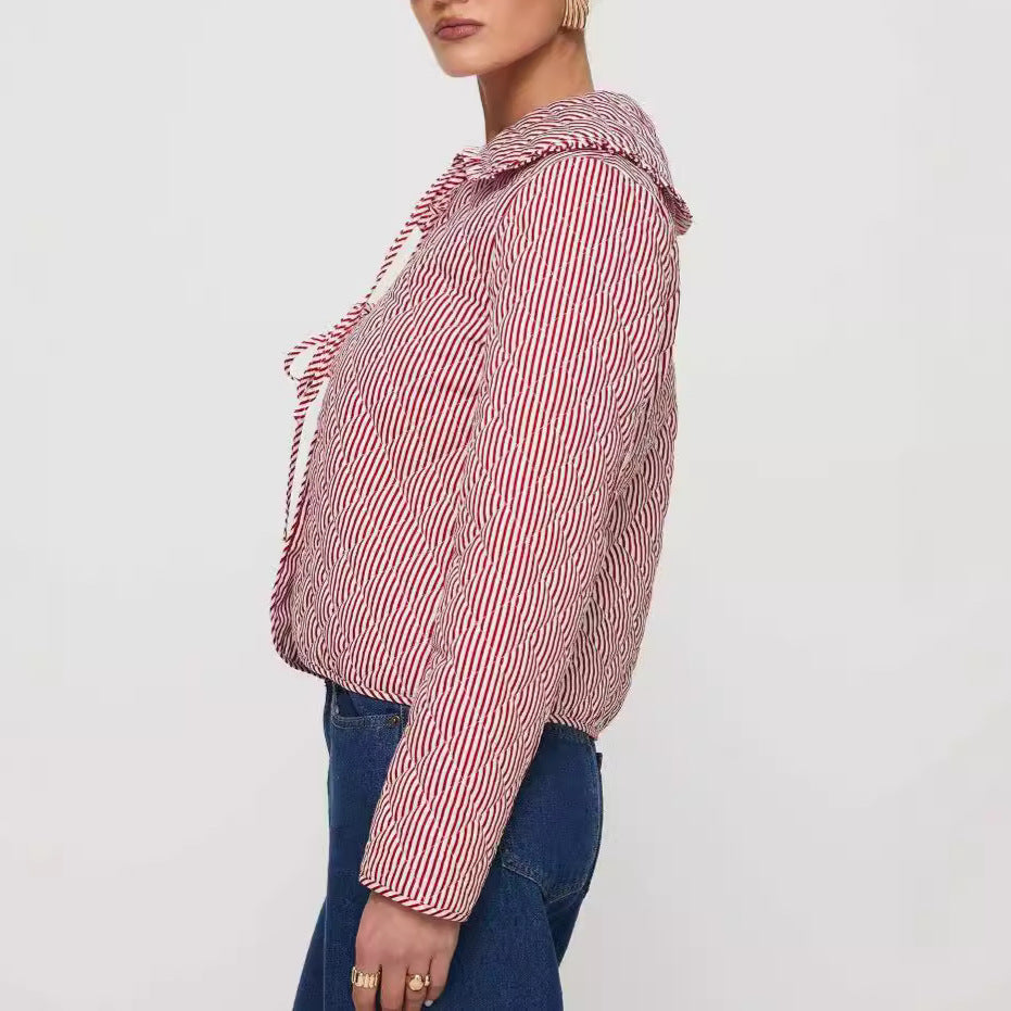 Quilted Stripe Oversized Collar Cropped Jacket - Pink - 1