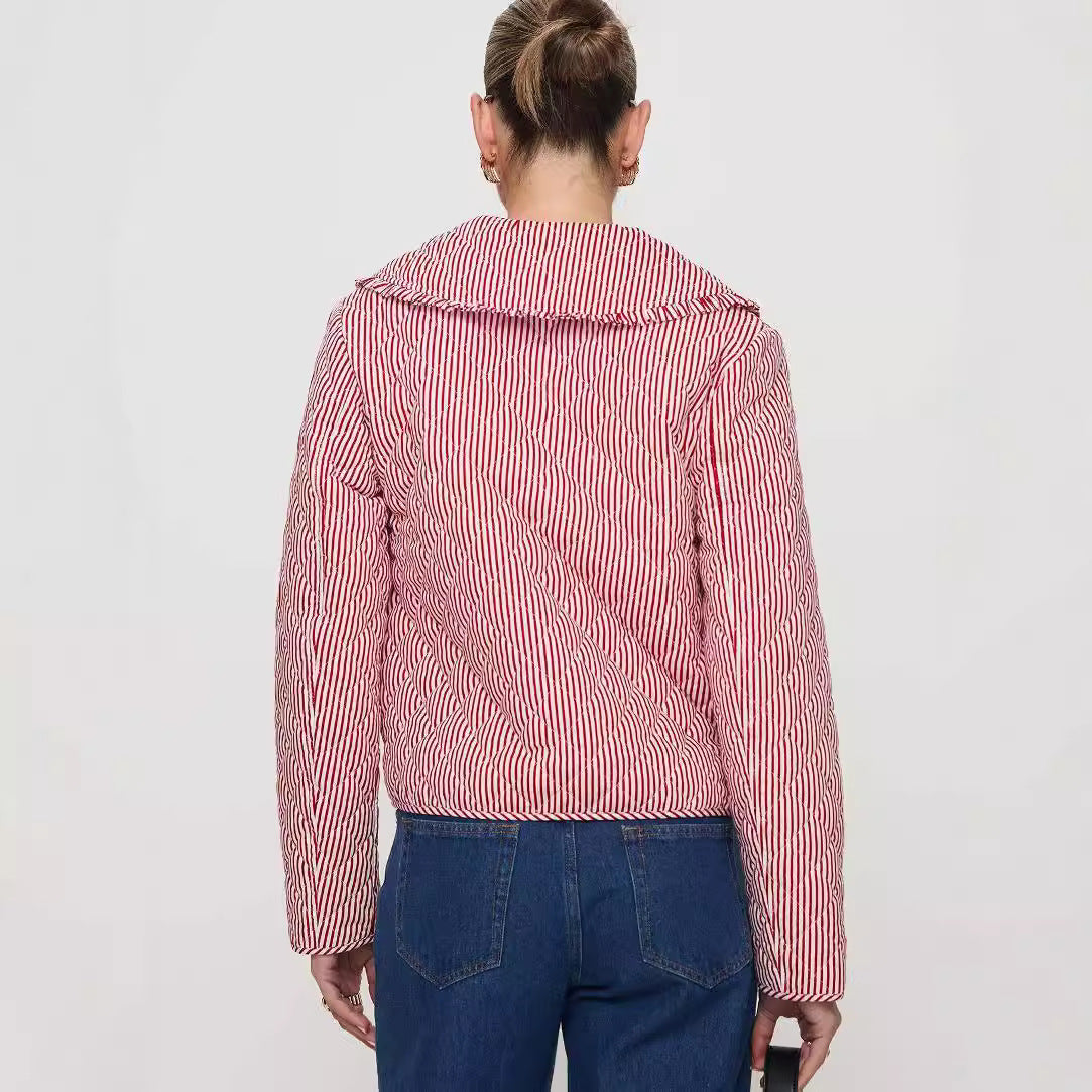 Quilted Stripe Oversized Collar Cropped Jacket - Pink - 2