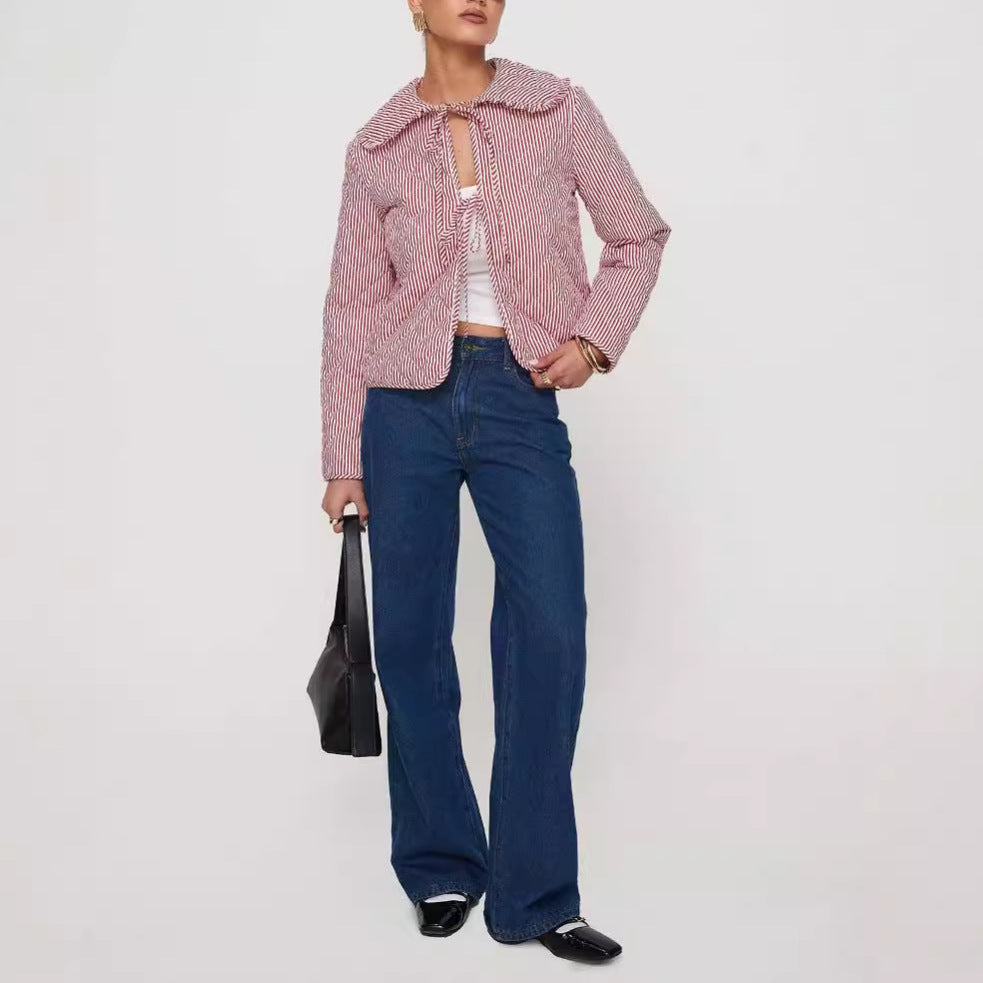 Quilted Stripe Oversized Collar Cropped Jacket - Pink - 3